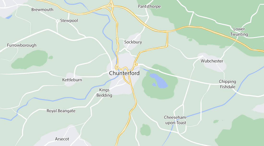 Map showing Chunterford and some surrounding towns